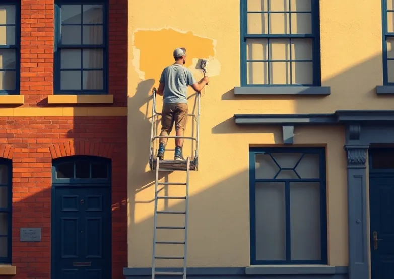 Peintre sur échafaudage traitant la façade d'une maison