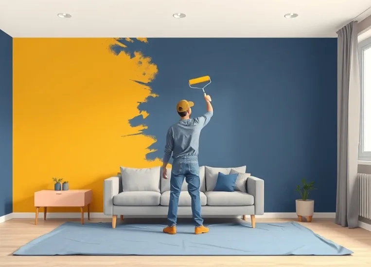 Peintre appliquant la peinture au rouleau sur un mur de salon